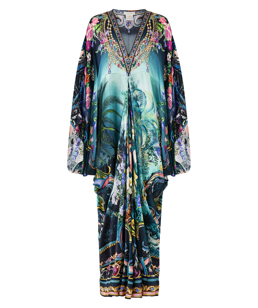 Embrace luxury in the CAMILLA Basked In Baroque Long Kaftan 00037787, featuring ornate baroque prints, flowing silk, and a relaxed, elegant silhouette.