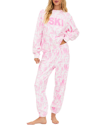 Ultra-soft fleece loungewear set with pink toile print, SKI chenille patch, comfy elastic waist, pockets, and relaxed fit for cozy cold-weather wear.