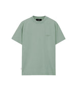 Mint green t-shirt with a small logo on a white background