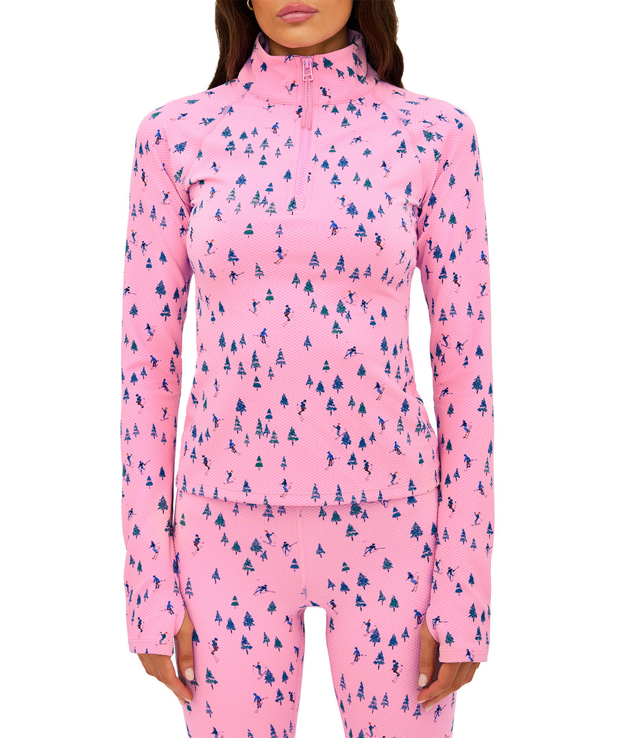 Ski Patrol print active set featuring mock-neck zip top, slim fit, thumbholes, sculpting high-rise leggings, and soft performance fabric perfect for winter workouts.