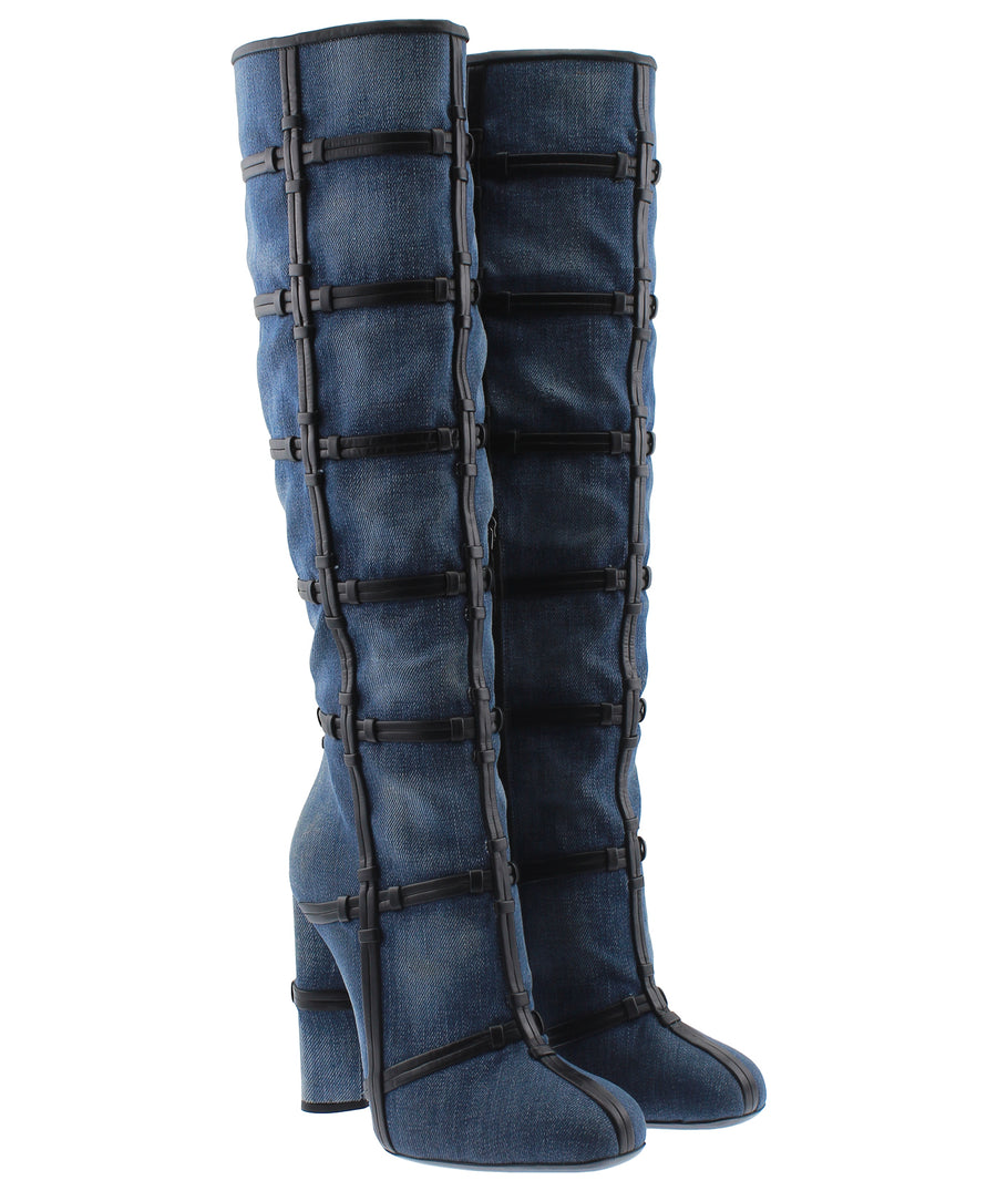 TOM FORD Denim Fabric Leather Trim High Knee Boots W1532T-DEN