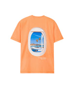 Vintage orange Videogame 6.0 T-shirt by HOMIES MARBELLA featuring a white logo front and large digital Marbella landscape artwork on the back. Oversized fit.