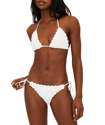 Ribbed balconette bikini with removable cups, adjustable tie straps, and skimpy side-tie bottoms. A stylish, flattering swim look for beach or pool days.
