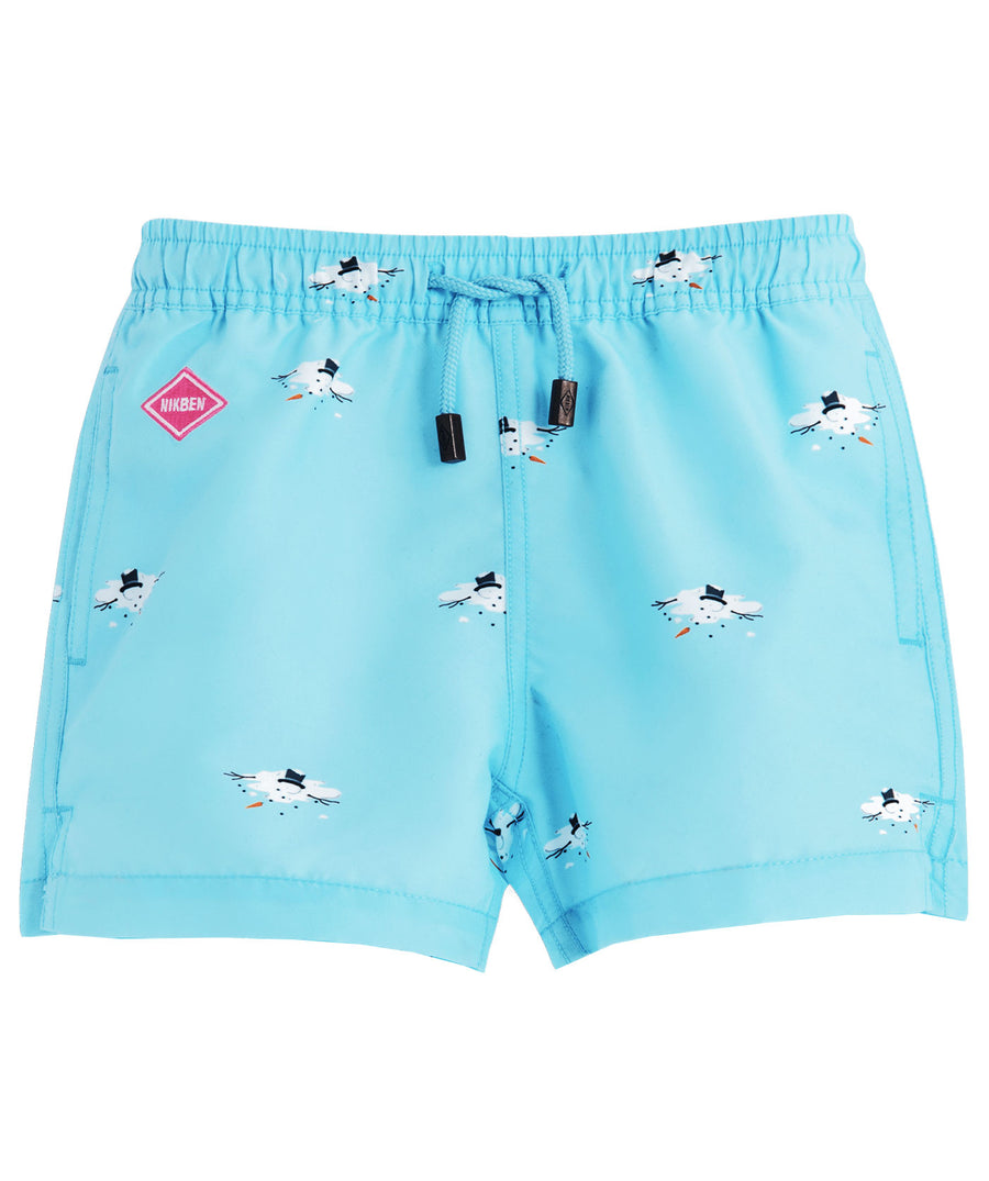 Boys Nikben blue swimshorts featuring melting snowmen.