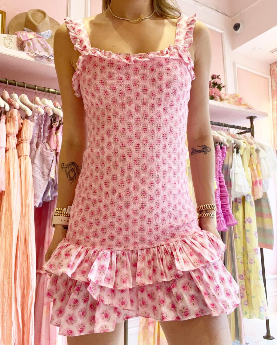 LoveShackFancy Breyer pink floral ruffled short dress D1496-1083